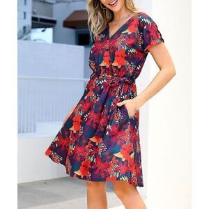 🔴 Faux Wrap tropical floral dress size S